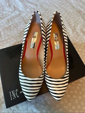 INC International Concepts Black and White Striped Pointed-Toe Pumps